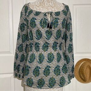 Tory Burch Top white Green Flora Cotton Scoop Neck Keyhole Tunic Elastic waist 6